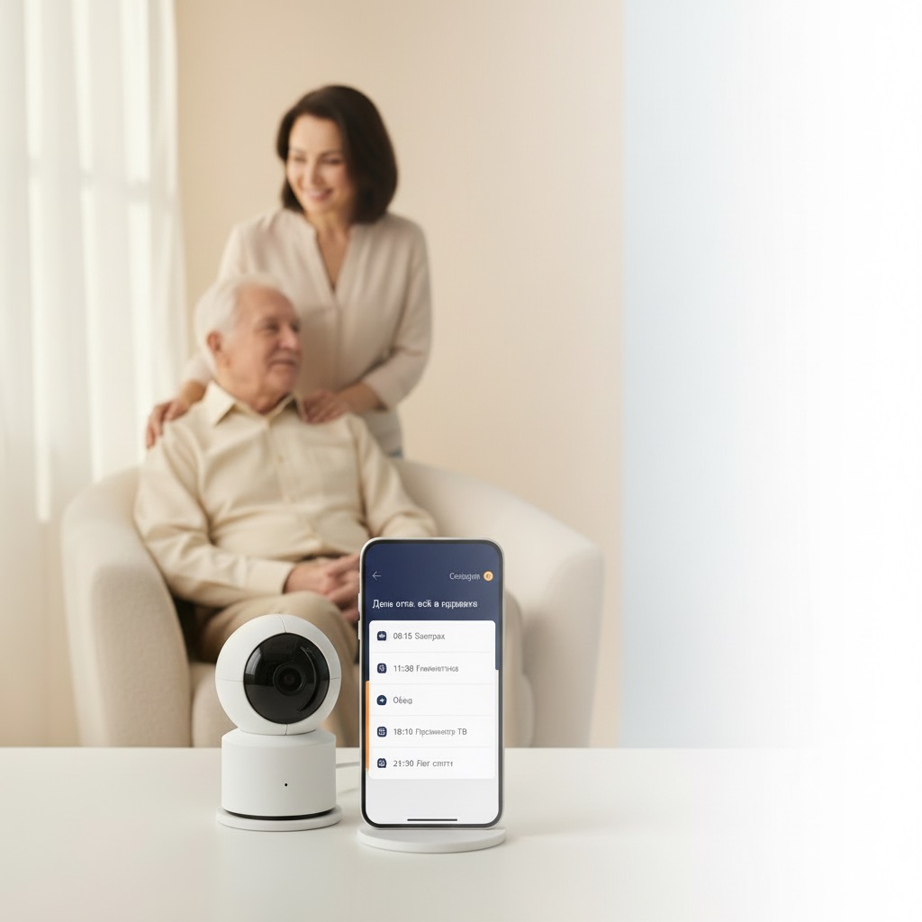 Пожилой человек и дочь с умной камерой и телефоном